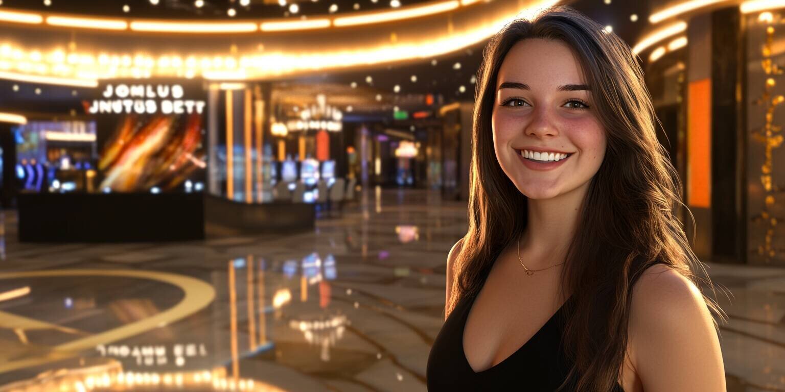 Young woman smiling in front of Juventus Bet casino lobby